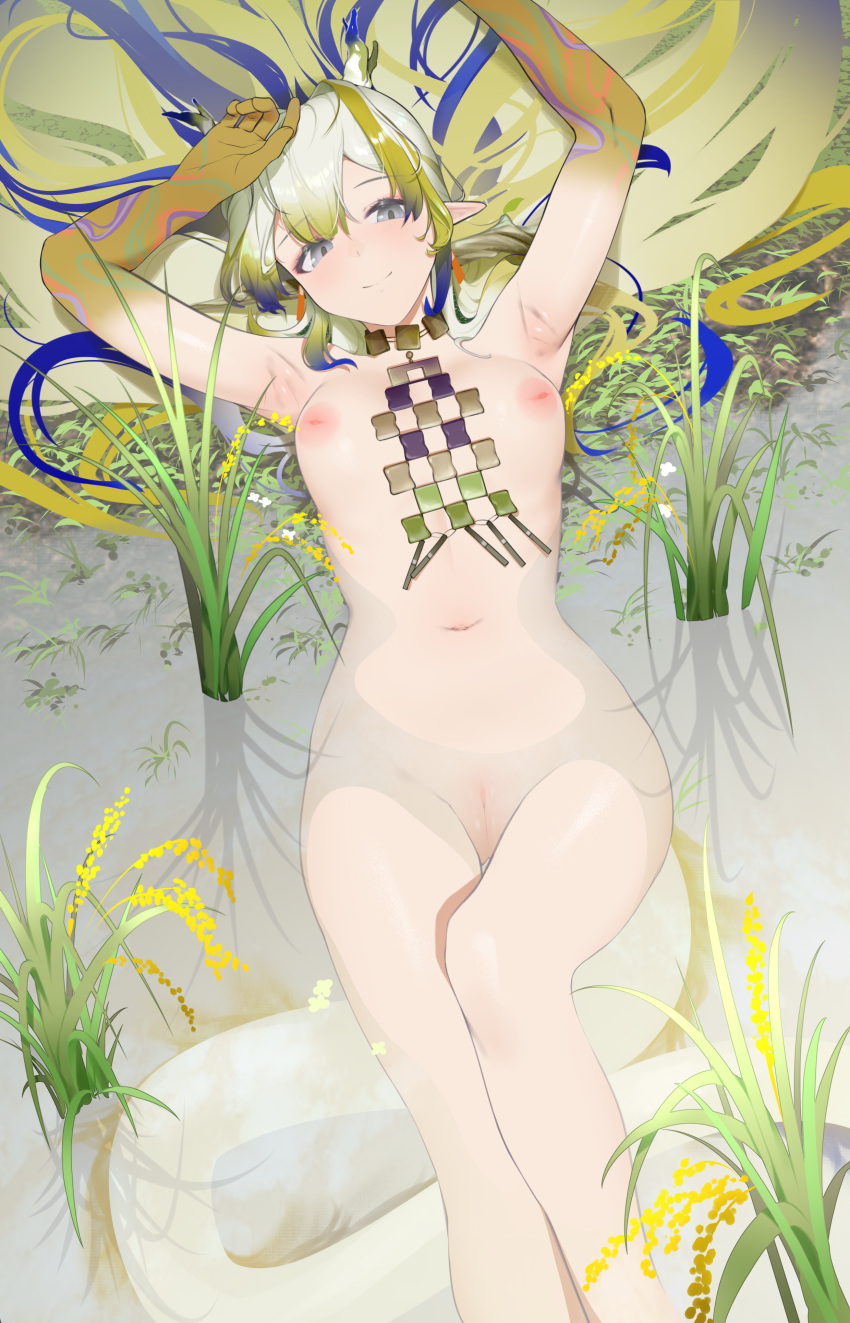 1girl absurdres arknights armpits blue_eyes blue_hair breasts chinese_commentary colored_skin commentary_request completely_nude earrings green_eyes green_skin highres inverted_nipples jewelry long_hair looking_at_viewer multicolored_hair navel necklace nude partially_submerged pointy_ears pussy rice_paddy shu_(arknights) smile solo tail uncensored vamjulian very_long_hair white_hair