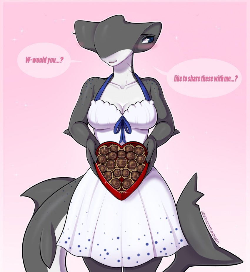 abigail_(hazardtime) anthro blue_eyes blush box_of_chocolates breasts candy chocolate clothed clothing dessert dialogue dress female fin fish food freckles front_view fully_clothed grey_body ground_shark hammerhead_shark heart_box hi_res holidays kitsunewaffles-chan long_tail marine non-mammal_breasts shark smile solo speech_bubble standing tail tail_fin valentine's_day
