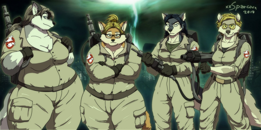 2019 anthro big_breasts black_hair blonde_hair breasts brown_hair canid canine canis clothing digital_media_(artwork) eyewear female fox fur ghostbusters glasses group hair jill_(xxsparcoxx) jumpsuit letty_(xxsparcoxx) mammal michelle_(xxsparcoxx) multicolored_body multicolored_fur overweight overweight_anthro overweight_female proton_pack sophia_(xxsparcoxx) thick_thighs two_tone_body two_tone_fur wolf xxsparcoxx