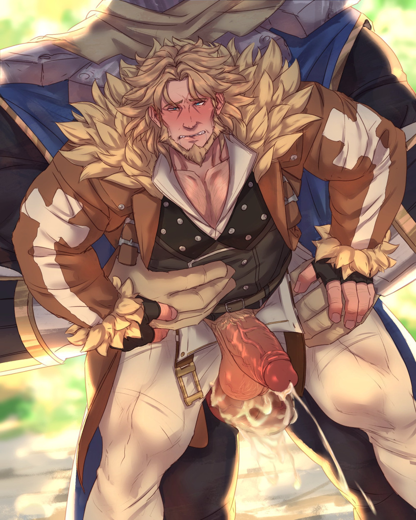 2boys absurdres anal bara biting blue_eyes blurry blurry_background blush character_request collared_shirt cum feet_out_of_frame ghangaji gloves guilty_gear hand_on_another's_stomach highres jacket leo_whitefang lip_biting male_focus manly mature_male multiple_boys muscular muscular_male outdoors pants pectoral_cleavage pectorals penis scarf shirt size_difference teeth testicles tight veins veiny_penis