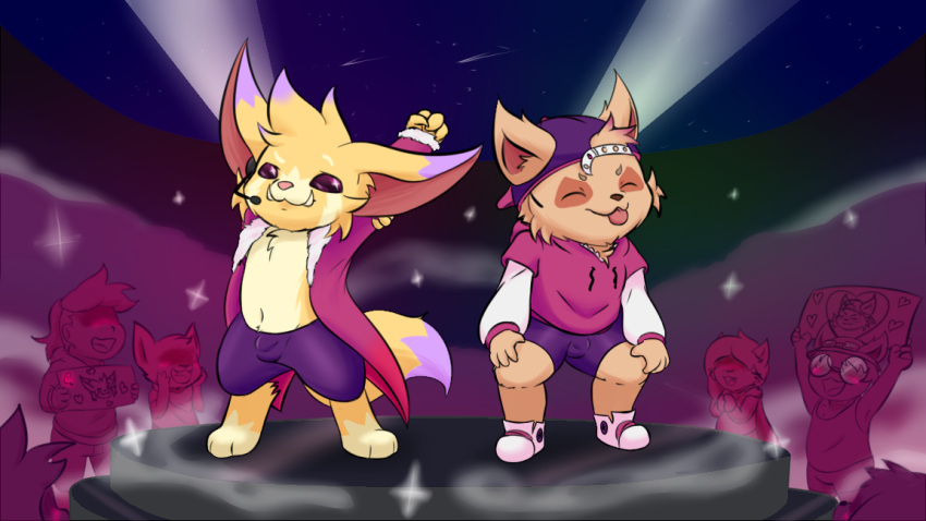 band bulge clothing duo fans food fruit fur gnar_(lol) kakau221 league_of_legends male plant pumpkin purple_clothing purple_eyes riot_games shirtless show sparkles tan_body tan_fur teemo_(lol) tongue tongue_out yordle