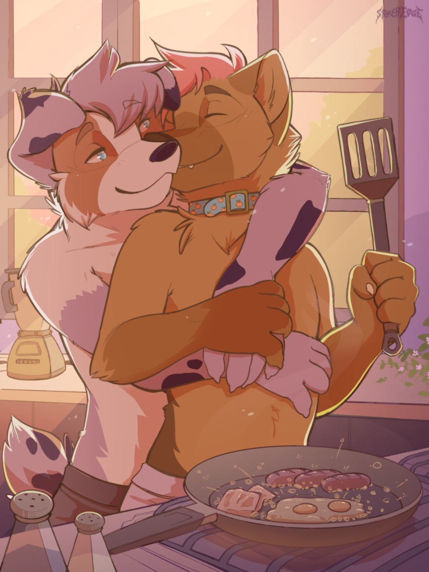 absurd_res breakfast canid canine canis domestic_dog embrace hi_res hug kitchen male male/male mammal romantic romantic_couple shirtless