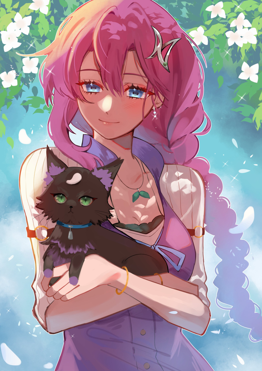 1girl absurdres animal black_cat black_fur blue_eyes bracelet braid braided_ponytail cat celine_(sen_no_kiseki) closed_mouth collarbone commentary eiyuu_densetsu emma_millstein eyelashes flower green_eyes hair_between_eyes highres holding holding_animal holding_cat jewelry long_hair looking_at_viewer no_eyewear purple_hair sakuradonuts sen_no_kiseki smile upper_body white_flower