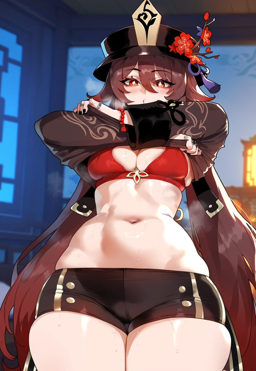 1girl architecture black_headwear bra breasts brown_hair brown_jacket brown_shorts east_asian_architecture floox genshin_impact hat_ornament highres hu_tao_(genshin_impact) jacket light_blush long_hair looking_at_viewer medium_breasts night red_bra red_bracelet red_eyes removing_jacket shorts silver_ring thick_thighs thighs underwear very_long_hair