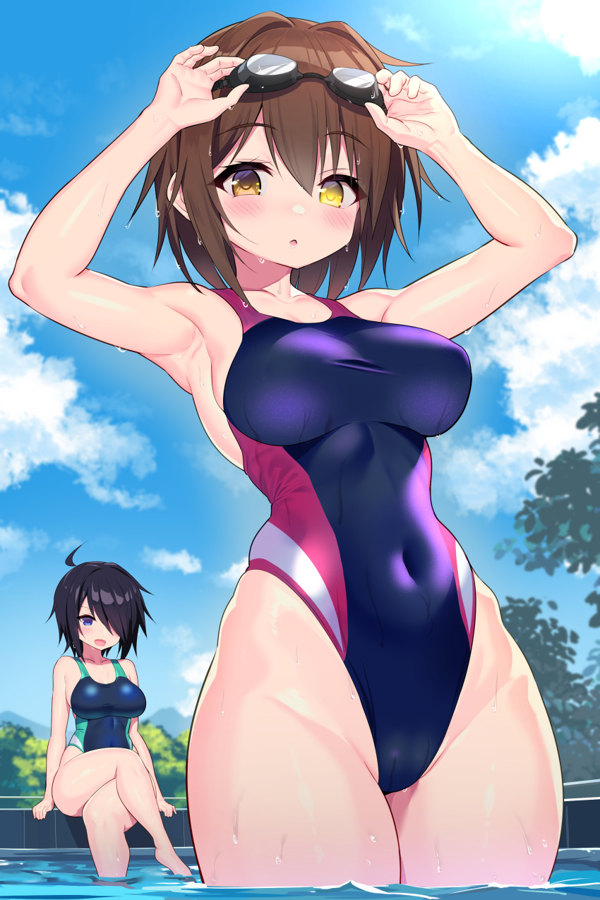 2girls absurdres ahoge alternate_costume armpits black_hair blue_eyes blue_one-piece_swimsuit blue_sky brown_eyes brown_hair cloud competition_swimsuit covered_navel day furutaka_(kancolle) goggles goggles_on_head green_one-piece_swimsuit heterochromia highleg highres ichi-jirushi kako_(kancolle) kantai_collection long_hair looking_at_another looking_at_viewer multicolored_clothes multicolored_swimsuit multiple_girls one-piece_swimsuit outdoors ponytail pool purple_one-piece_swimsuit short_hair sitting sky soaking_feet standing swim_goggles swimsuit tree wading wet white_one-piece_swimsuit yellow_eyes