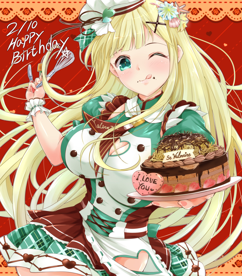1girl apron bean_sprout blonde_hair breasts cake chocolate chocolate_on_face cleavage cleavage_cutout clothing_cutout flower food food_on_face frilled_apron frilled_cuffs frills fruit green_eyes hair_flower hair_ornament happy_birthday happy_valentine hat hat_ribbon heart highres holding holding_cake holding_food holding_knife holding_whisk i_heart... knife large_breasts licking_lips light_blush long_hair maid maid_apron mini_chef_hat one_eye_closed red_background ribbon ribbon_trim ryou.r senran_kagura strawberry tongue tongue_out valentine whisk yomi_(senran_kagura)