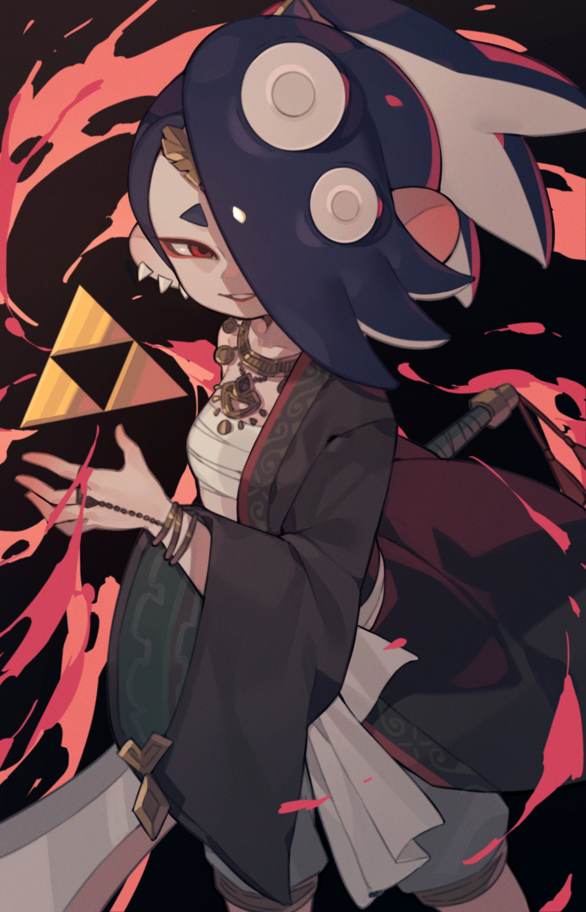 1girl absurdres aura black_background chest_sarashi commentary_request cosplay ganondorf ganondorf_(cosplay) hair_over_one_eye highres jewelry medium_hair parted_lips prat_rat red_eyes sarashi shiver_(splatoon) shorts smile solo splatoon_(series) splatoon_3 standing sword teeth tentacle_hair the_legend_of_zelda the_legend_of_zelda:_tears_of_the_kingdom tooth_earrings triforce weapon wide_sleeves