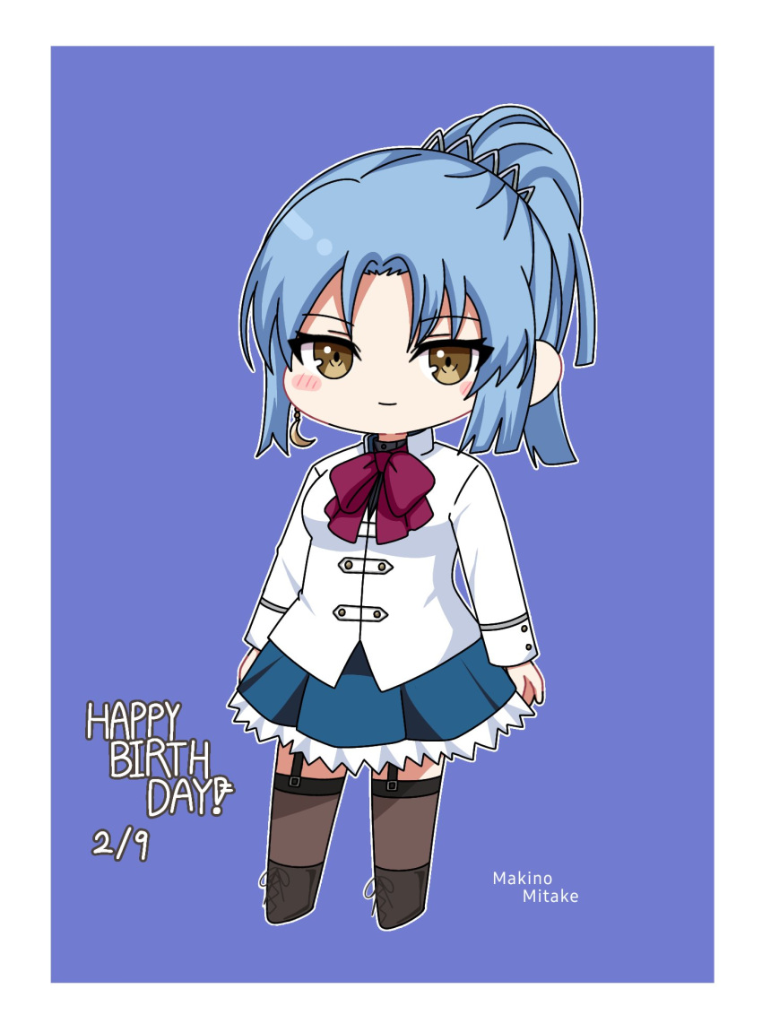 1girl arms_at_sides assault_lily black_footwear blue_hair blunt_ends blush boots border bow bowtie brown_thighhighs buttons character_name chibi closed_mouth commentary crescent crescent_earrings cross-laced_footwear earrings frilled_skirt frills full_body garter_straps happy_birthday herensuge_girls_academy_school_uniform high_ponytail highres jacket jewelry lace-up_boots light_smile long_sleeves looking_at_viewer makino_mitake miniskirt outside_border parted_bangs pleated_skirt ponytail purple_background red_bow red_bowtie school_uniform short_hair simple_background skirt solo standing thighhighs white_border white_jacket yellow_eyes yui_(yui1115_)