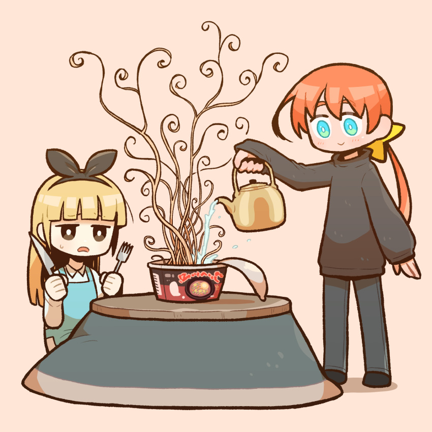 2girls apron aqua_eyes arm_at_side black_bow black_footwear black_hairband black_sweater blonde_hair blue_apron blunt_bangs bow bow_hairband bright_pupils brown_background brown_eyes closed_mouth commentary_request cup_ramen fork frown grey_pants hair_bow hairband hand_up hands_up highres holding holding_fork holding_kettle holding_knife jitome knife kotatsu light_blush long_hair long_sleeves multiple_girls no_sclera open_mouth orange_hair original pants pouring short_hair_with_long_locks sleeves_past_wrists smile standing sweater table takurada turtleneck turtleneck_sweater white_pupils yellow_bow