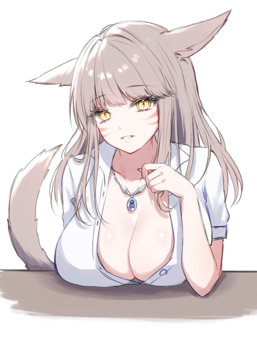 1girl animal_ears breast_press breasts cat_ears cat_girl cat_tail cleavage collared_shirt commentary facial_mark final_fantasy final_fantasy_xiv highres jewelry large_breasts light_brown_hair long_hair looking_at_viewer miqo'te necklace partially_unbuttoned sana_(sanamaru_0w0) shirt short_sleeves simple_background smile solo tail warrior_of_light_(ff14) whisker_markings white_background white_shirt yellow_eyes