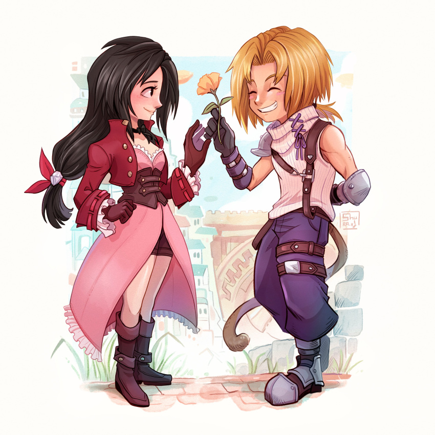 1boy 1girl absurdres aerith_gainsborough aerith_gainsborough_(cosplay) armor armored_boots baggy_pants black_hair blonde_hair blue_pants blush boots breasts brown_corset brown_footwear brown_gloves brown_shorts center_opening choker closed_eyes cloud_strife cloud_strife_(cosplay) cobblestone corset cosplay couple cropped_jacket dress elbow_pads final_fantasy final_fantasy_ix final_fantasy_vii flower frilled_dress frills full_body garnet_til_alexandros_xvii gloves grey_gloves grin hair_ribbon hetero highres holding holding_flower jacket long_hair long_sleeves looking_at_another low-tied_long_hair low_ponytail medium_breasts monkey_tail pants parted_bangs pink_dress red_jacket red_ribbon ribbon ribbon_choker shirt short_hair_with_long_locks shorts shorts_under_dress shoulder_armor shuravf signature single_bare_shoulder single_elbow_pad single_shoulder_pad sleeveless sleeveless_turtleneck smile suspenders swept_bangs tail thigh_strap turtleneck underbust white_shirt yellow_flower zidane_tribal