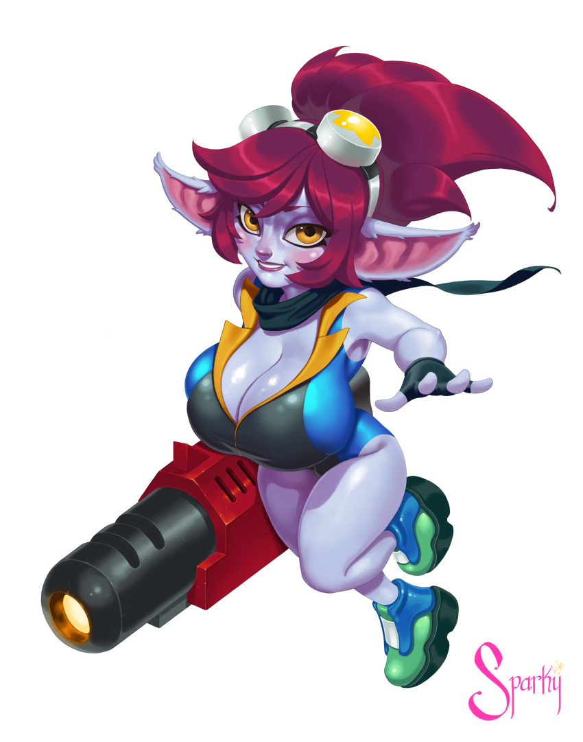 absurd_res big_breasts big_ears breasts cannon cleavage clothed clothing eyewear eyewear_on_head female fingerless_gloves gloves goggles goggles_on_head gun hair handwear hi_res huge_breasts humanoid humanoid_pointy_ears hyper hyper_breasts league_of_legends leotard ranged_weapon red_hair riot_games sagging_breasts short_stack solo sparkygirlsart thick_thighs tight_clothing tristana_(lol) video_games weapon wide_hips yordle