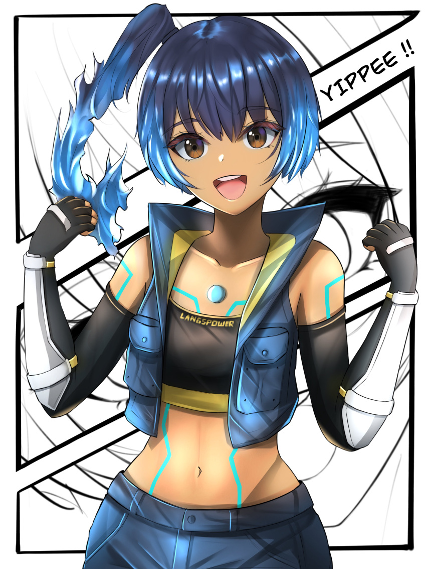 1girl absurdres blue_hair blue_jacket body_markings brown_eyes commentary crop_top cropped_jacket elbow_gloves eyelashes fiery_hair gloves glowing_lines highres jacket langspower midriff mixed-language_commentary navel open_clothes open_jacket open_mouth pouch sena_(xenoblade) short_hair smile solo teeth upper_teeth_only white_background xenoblade_chronicles_(series) xenoblade_chronicles_3