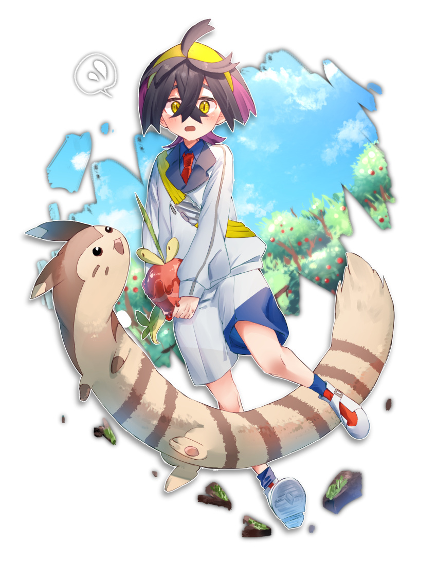 1boy absurdres black_hair blue_shirt blue_socks blush collared_shirt colored_inner_hair commentary_request crossed_bangs dipplin flying_sweatdrops furret hair_between_eyes hairband highres holding holding_pokemon jacket kieran_(pokemon) knees long_sleeves male_focus misuka_sumin multicolored_hair necktie pokemon pokemon_(creature) pokemon_sv red_necktie shirt shoes shorts socks spoken_flying_sweatdrops strap white_jacket white_shorts yellow_eyes yellow_hairband