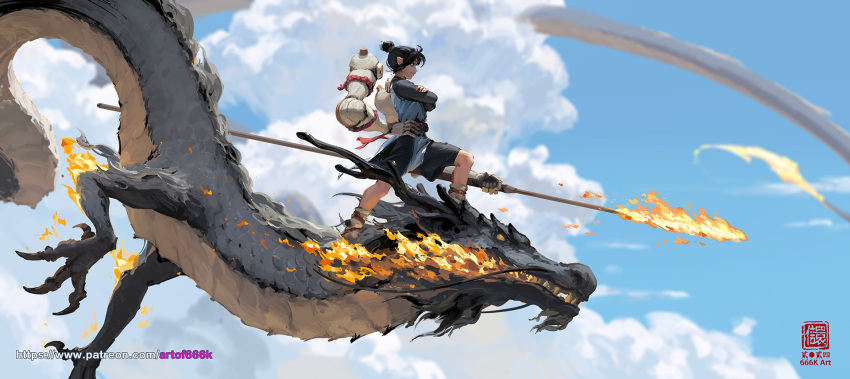 1boy black_shorts chinese_commentary chinese_new_year chinese_zodiac cloud commentary crossed_arms dragon eastern_dragon english_commentary fire flying from_side gourd hair_bun highres holding holding_polearm holding_weapon kan_liu_(666k) long_sleeves mechanical_arms medium_hair mixed-language_commentary original patreon_username pointy_ears polearm profile seal_impression shorts sidelocks signature sky smile solo weapon wind year_of_the_dragon