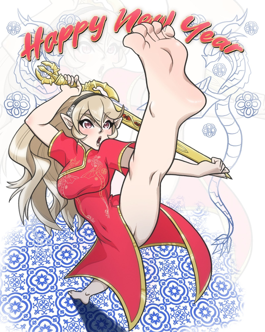barefoot breasts china_dress chinese_clothes corrin_(female)_(fire_emblem) corrin_(fire_emblem) covered_navel dragon dress fire_emblem fire_emblem_awakening full_body hairband happy_new_year highres holding holding_sword holding_weapon kung_fu large_breasts legendsnjk long_hair looking_up open_mouth pointy_ears short_sleeves split standing standing_on_one_leg standing_split sword weapon