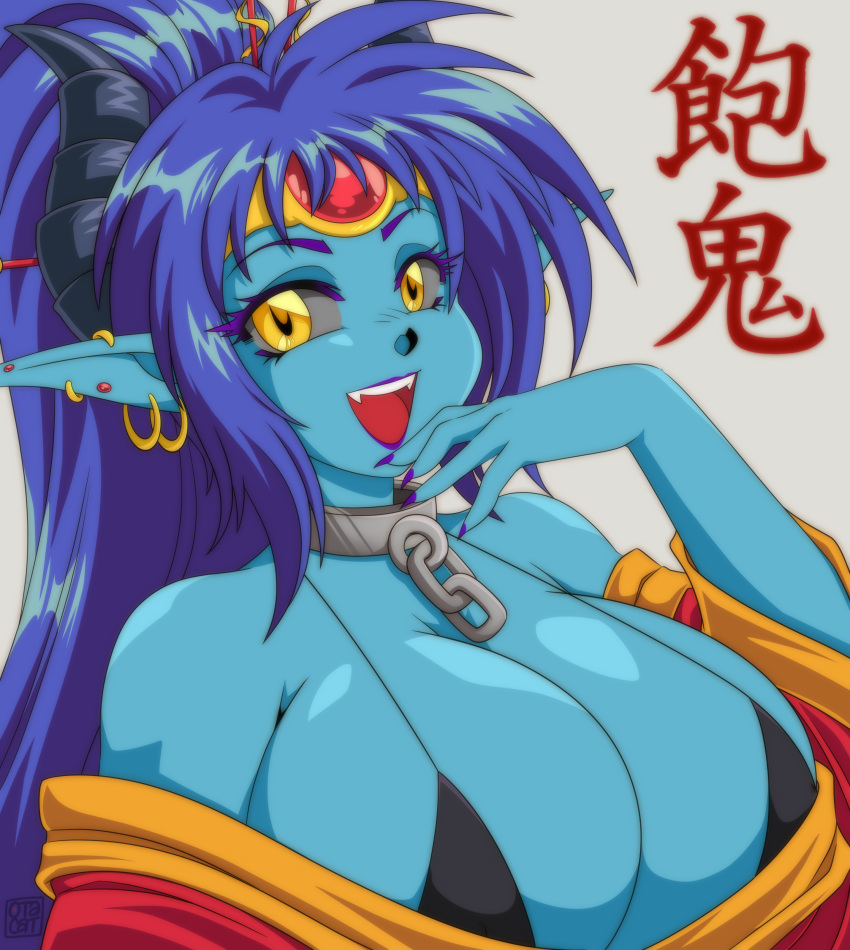 0tacat 1girl absurdres aki_(j.raido) bangs bikini black_bikini black_horns blue_skin borrowed_character breasts chain cleavage colored_sclera colored_skin commission demon_girl grey_sclera highres horns huge_breasts looking_at_viewer open_mouth original purple_nails smile solo swimsuit white_background yellow_eyes
