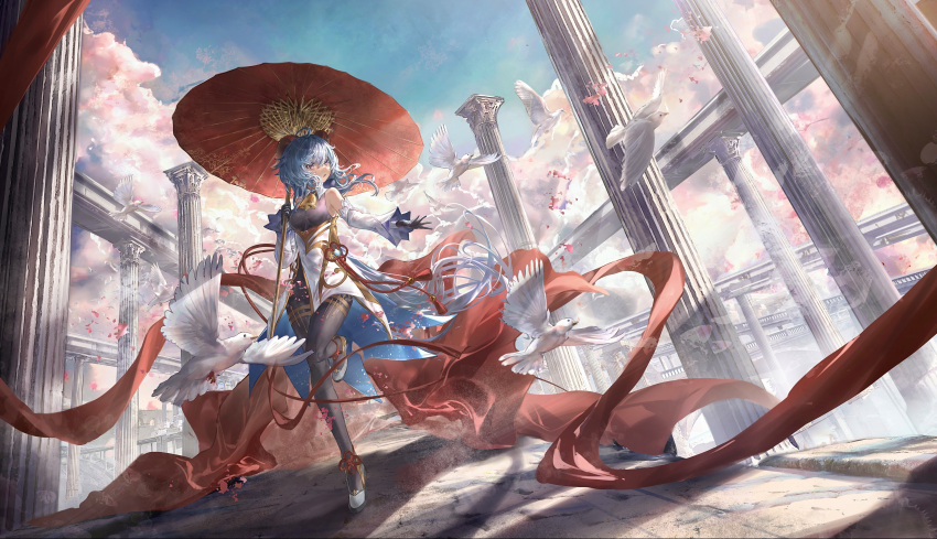 1girl absurdres ahoge ankle_ribbon architecture bangs bare_shoulders bell bird black_bodysuit black_gloves blue_hair blue_sky bodysuit breasts chinese_clothes cloud cowbell detached_collar detached_sleeves falling_petals floating_hair flower_knot full_body ganyu_(genshin_impact) genshin_impact gloves goat_horns hair_between_eyes highres holding holding_umbrella horns leg_ribbon long_hair looking_at_animal looking_to_the_side open_mouth outstretched_arm petals pillar purple_eyes ribbon scenery sky standing standing_on_one_leg stone_floor stone_pillar umbrella white_bird white_sleeves wind zeklewa