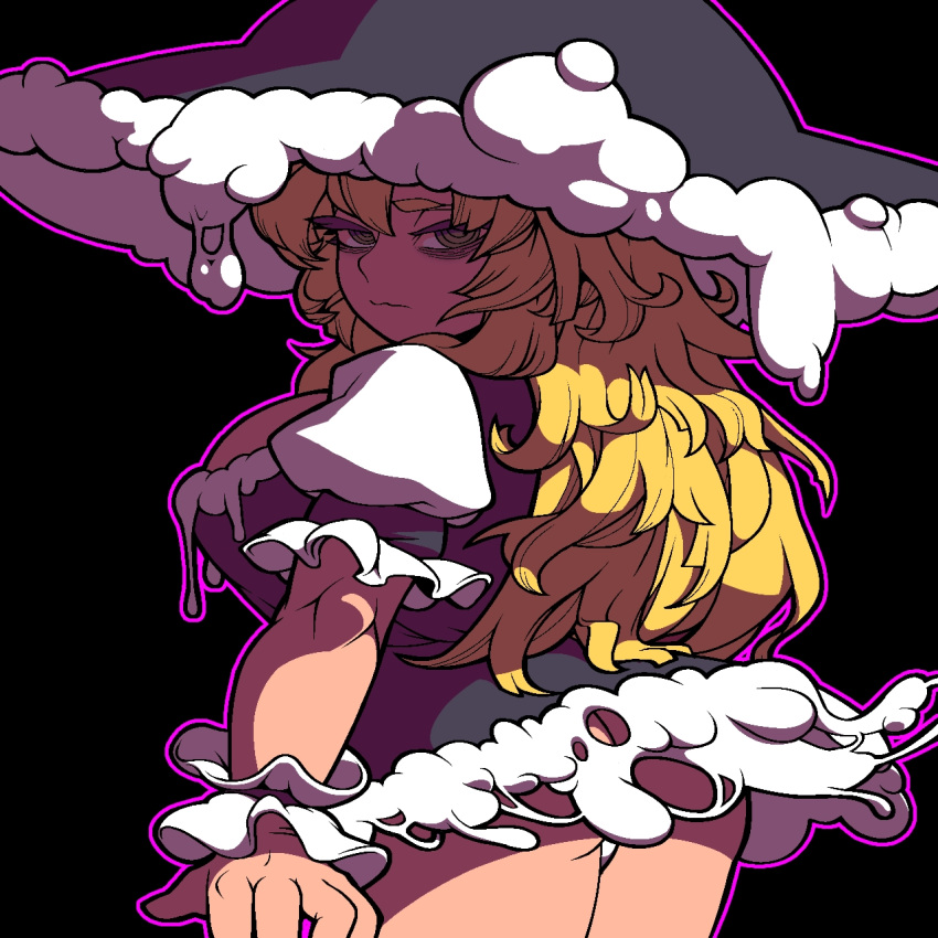 1girl ass bags_under_eyes black_background black_dress black_headwear blonde_hair breasts closed_mouth commentary_request cookie_(touhou) cowboy_shot dress expressionless from_behind hat highres kirisame_marisa large_breasts long_hair looking_at_viewer looking_back mars_(cookie) messy_hair outline panties pink_outline ringed_eyes shirt short_dress simple_background sleeveless sleeveless_dress solo tonchamon_san touhou underwear very_long_hair white_panties white_shirt witch_hat wrist_cuffs yellow_eyes