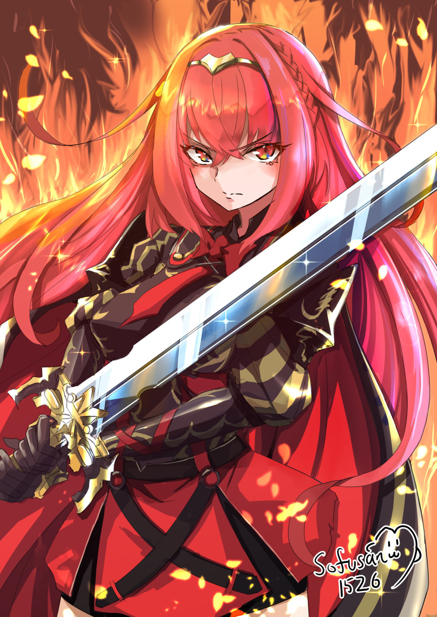 1girl absurdres alear_(female)_(fire_emblem) alear_(fire_emblem) armor artist_name black_cape cape closed_mouth commentary_request crossed_bangs fiery_background fire fire_emblem fire_emblem_engage hair_between_eyes highres holding holding_sword holding_weapon long_hair red_cape red_eyes red_hair sofusan1526 solo sparkle sword tiara twitter_username two-sided_cape two-sided_fabric two-tone_cape v-shaped_eyebrows weapon