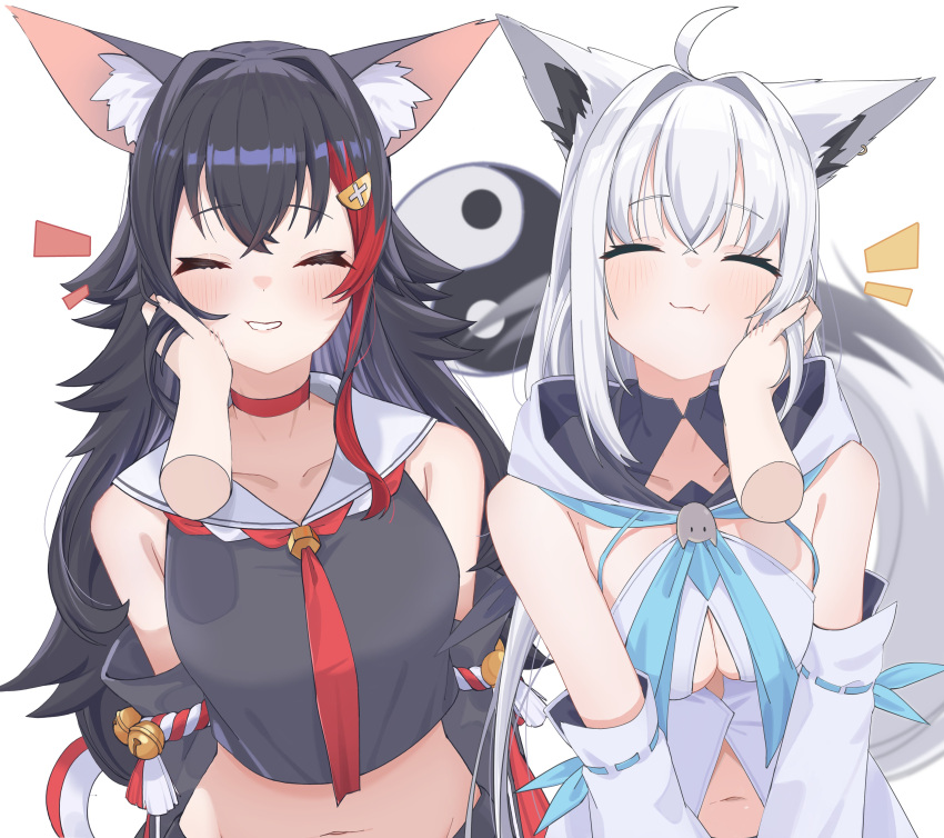 2girls :3 absurdres ahoge angeldu animal_ear_fluff animal_ears bare_shoulders bell black_hair black_serafuku black_skirt black_sleeves blue_neckerchief blush breasts choker cleavage closed_eyes closed_mouth collarbone commentary_request cropped_shirt detached_sleeves disembodied_limb earrings flipped_hair fox_ears fox_girl fox_tail front_slit grin hair_between_eyes hair_intakes hair_ornament hairclip hand_on_another's_cheek hand_on_another's_face highres hololive hood hooded_vest hoodie jewelry jingle_bell kouhaku_nawa large_breasts light_blush long_hair medium_breasts midriff midriff_peek multicolored_hair multiple_girls navel neckerchief ookami_mio ookami_mio_(1st_costume) open_mouth pov pov_hands red_choker red_hair red_neckerchief rope sailor_collar school_uniform serafuku shimenawa shirakami_fubuki shirakami_fubuki_(1st_costume) sidelocks simple_background single_earring skirt smile spiked_hair streaked_hair tail upper_body vest virtual_youtuber white_background white_hair white_sailor_collar white_sleeves white_vest wide_sleeves wolf_ears wolf_girl yin_yang