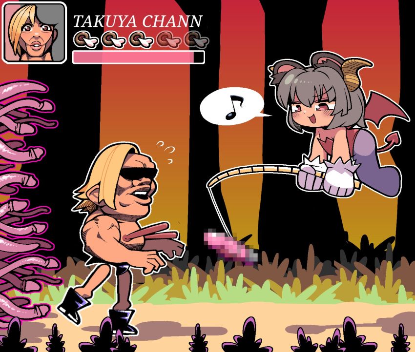 1boy 1girl :d animal_ears blonde_hair brown_horns carrot_on_stick censored commentary_request cookie_(touhou) demon_girl demon_horns demon_tail demon_wings dildo flying_sweatdrops forest full_body grass grey_hair health_bar highres horns leotard long_nipples manatsu_no_yo_no_inmu medium_bangs mosaic_censoring mouse_ears musical_note nature nazrin nipples nyon_(cookie) open_mouth pantyhose penis_tentacle purple_pantyhose red_eyes red_leotard red_wings sex_toy short_hair smile sunglasses tail takuya_(acceed) tentacles tonchamon_san touhou wings