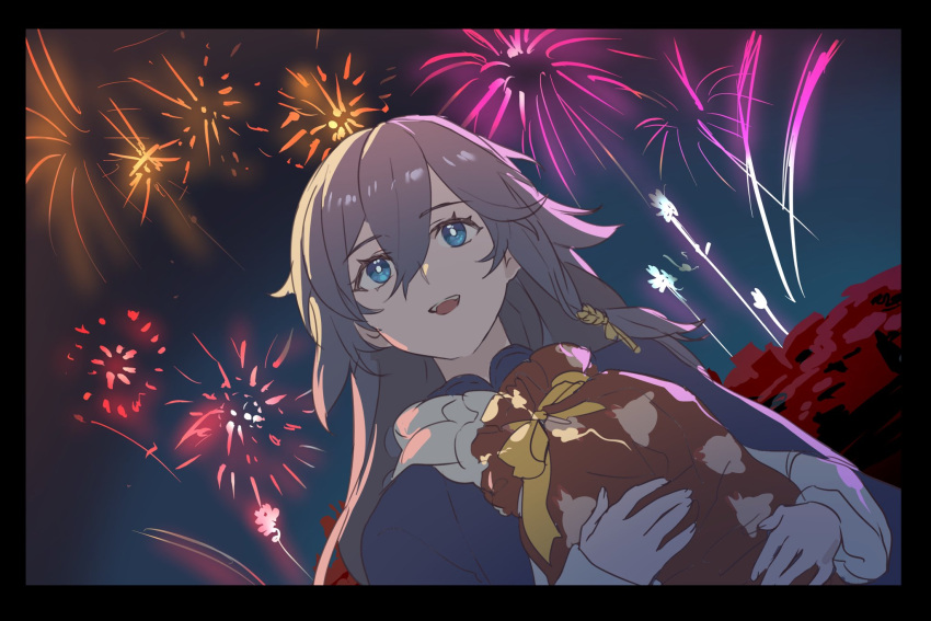 alternate_costume amyucheu birthday blue_eyes chinese_new_year chinese_zodiac english_commentary fireworks fu_hua grey_hair hair_between_eyes highres holding honkai_(series) honkai_impact_3rd jingwei_(bird) korean_commentary long_hair mixed-language_commentary night open_mouth outdoors sky teeth upper_body upper_teeth_only year_of_the_dragon