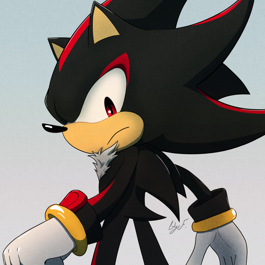 absurd_res black_body black_nose chest_fur chest_tuft clothing codyf0xx eulipotyphlan gloves handwear hedgehog hi_res inhibitor_ring looking_at_viewer looking_back looking_back_at_viewer male mammal red_eyes sega shadow_the_hedgehog sonic_the_hedgehog_(series) stripes tuft