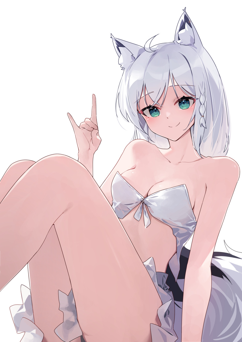 1girl absurdres ahoge animal_ear_fluff animal_ears blush braid breasts cleavage commentary_request fox_ears fox_girl fox_shadow_puppet fox_tail green_eyes hair_between_eyes highres hololive knees_up long_hair looking_at_viewer ninjyang0903 shirakami_fubuki sidelocks simple_background single_braid sitting small_breasts smile solo tail virtual_youtuber white_background white_hair