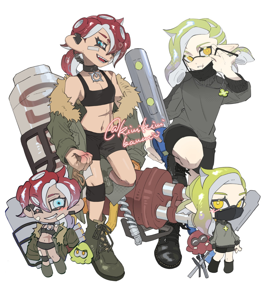 1boy 1girl artist_name black_collar black_shorts blue_eyes boots breasts chibi chibi_inset cleavage collar cross-laced_footwear e-liter_4k_(splatoon) eyebrow_cut eyelashes flat_chest fur-trimmed_jacket fur_trim green_footwear green_hair green_jacket gun hair_over_one_eye highres holding holding_gun holding_weapon hydra_splatling_(splatoon) inkling_boy inkling_player_character jacket kiwi_splatoon knee_strap mask medium_hair mouth_mask multiple_views navel octoling_girl octoling_player_character octopus one_eye_closed open_clothes open_jacket open_mouth parted_lips red_hair short_shorts shorts simple_background smile splatoon_(series) splatoon_3 squid standing standing_on_one_leg teeth tentacle_hair unworn_mask weapon white_background yellow_eyes