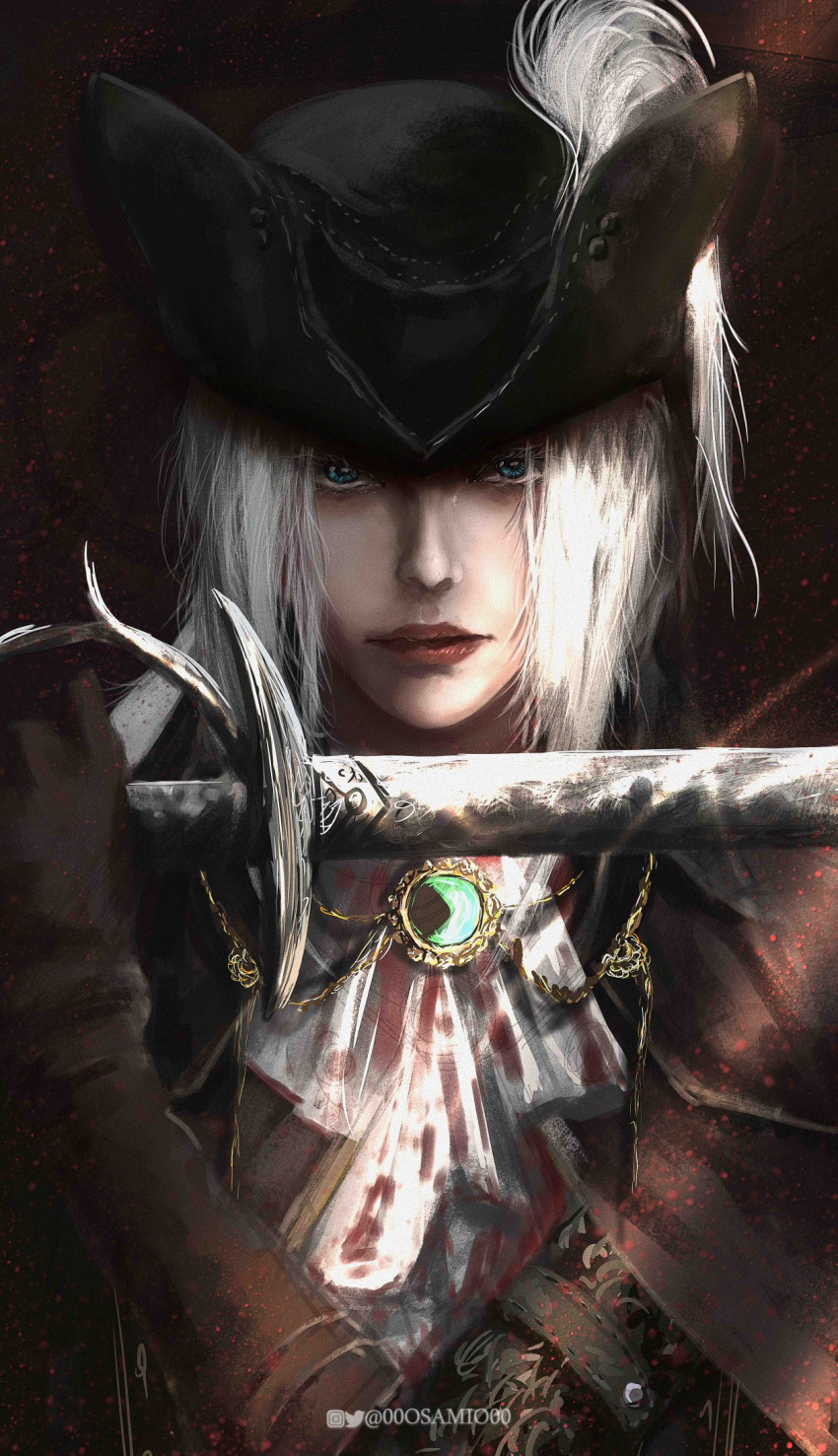 00osamio00 1girl artist_name ascot blood blood_on_clothes blood_stain bloodborne blue_eyes coat gem gloves hat hat_feather highres holding holding_sword holding_weapon jewelry lady_maria_of_the_astral_clocktower looking_at_viewer necklace rakuyo_(bloodborne) solo sword tricorne weapon white_ascot white_hair