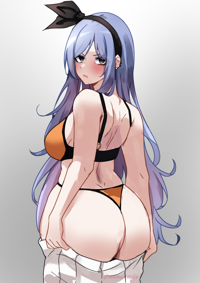1girl absurdres animeattics ass ass_focus bae_minah_(chaesu) bikini black_hairband blue_hair blush borrowed_character bow_hairband breasts commentary curvy english_commentary from_behind hairband highres huge_ass inconvenient_ass large_breasts long_hair looking_back orange_bikini original pleated_skirt pulled_by_self skirt solo standing swimsuit thong_bikini wardrobe_malfunction white_skirt