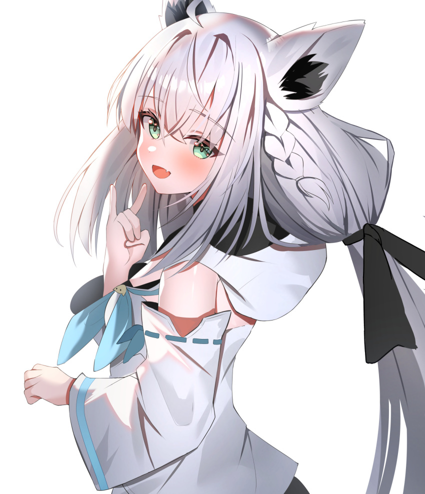 1girl aa44 ahoge animal_ears aqua_eyes detached_sleeves fang fox_ears fox_girl fox_shadow_puppet grey_hair highres hololive hood hood_down hoodie long_hair looking_at_viewer ponytail shirakami_fubuki shirakami_fubuki_(1st_costume) skin_fang smile solo virtual_youtuber white_background white_hoodie white_sleeves