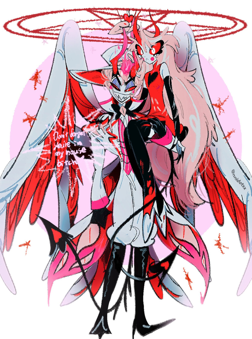 1boy 1girl :&lt; blonde_hair boots carrying carrying_person charlie_morningstar circle_facial_mark colored_sclera colored_skin demon_boy demon_girl demon_horns demon_tail demon_wings dress evil_smile father_and_daughter fingernails hazbin_hotel high_heel_boots high_heels highres horns knee_boots long_hair looking_at_viewer lucifer_(hazbin_hotel) multiple_wings nme_(nmedotxx) red_horns red_sclera sharp_fingernails sharp_teeth simple_background smile tail teeth thighhighs tuxedo very_long_hair white_skin wings yellow_eyes