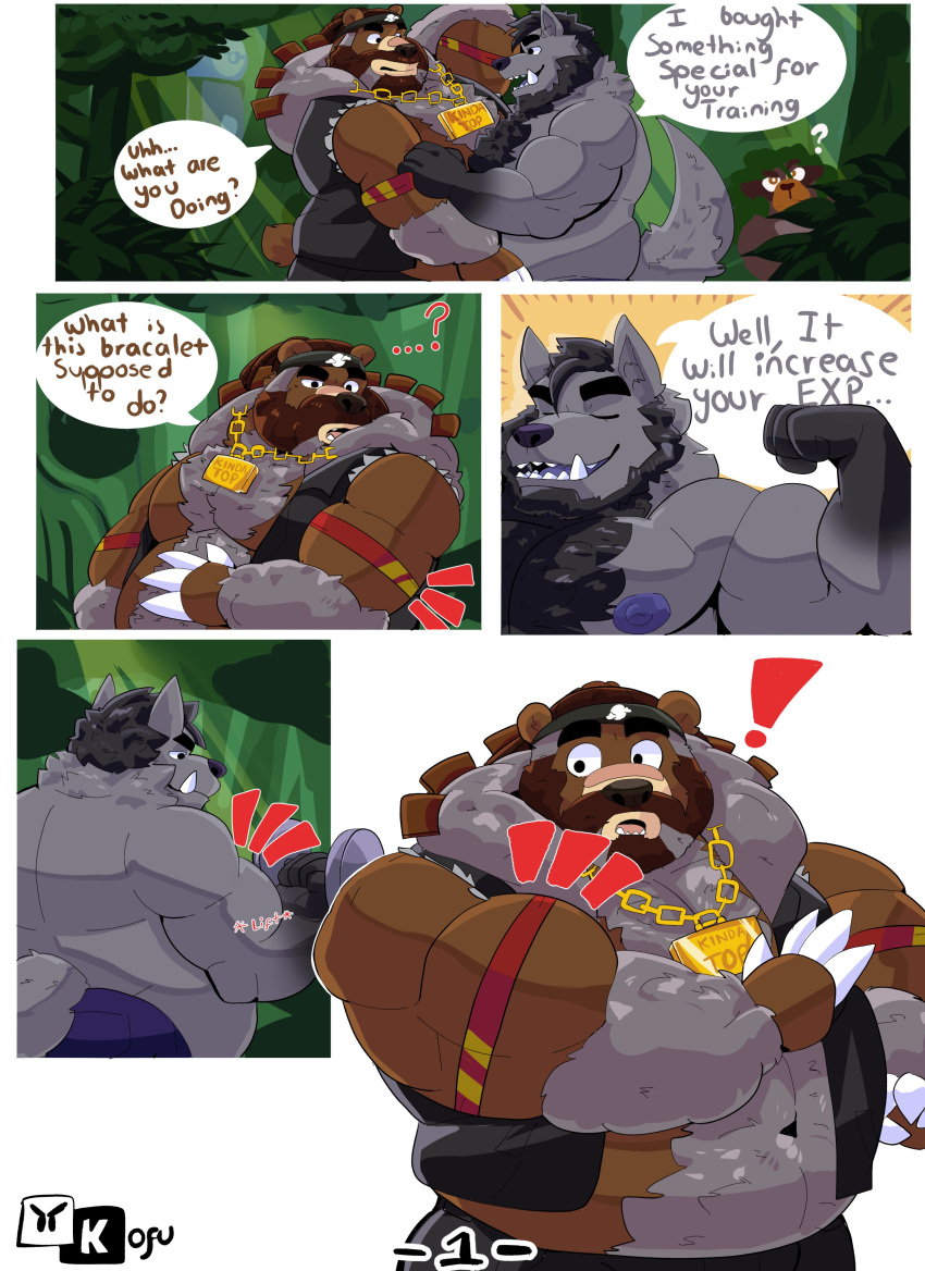 absurd_res anthro ape bear belly brown_body brown_fur brown_hair canid canine canis collar comic detailed_background duo english_text flexing flexing_bicep fur generation_8_pokemon grey_body grey_fur grey_hair hair haplorhine hi_res kofu_grizzly_chubby male male/male mammal musclegut muscular nintendo nipples overweight pokemon pokemon_(species) primate rillaboom smile smirk text ursaluna ursine wolf