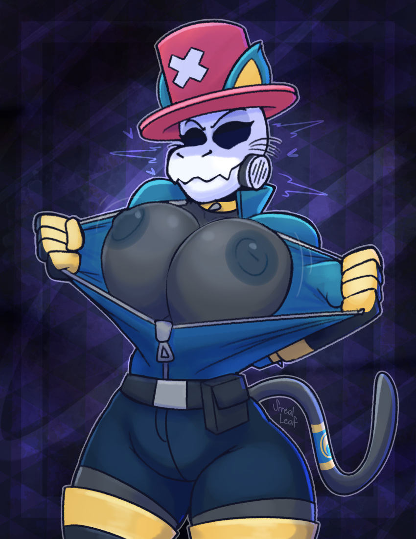 absurd_res anthro big_breasts big_nipples bone breasts caracal caracal_(genus) clothing collar exposed_breasts felid feline female fempyro flopyro hat headgear headwear hi_res huge_breasts humanoid mammal nipples pulling_clothing skull skull_head solo solo_focus srrealleaf tail zipper zipper_down