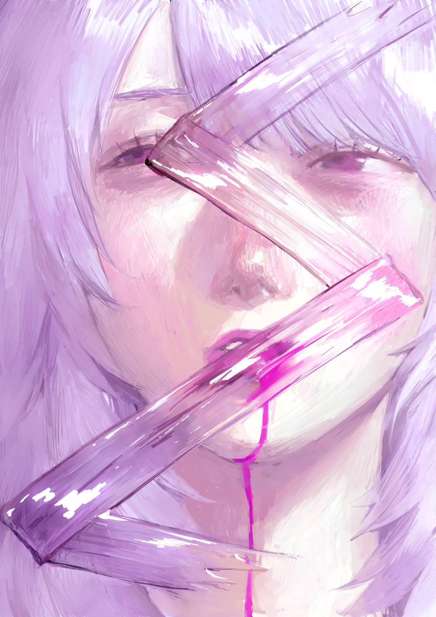 1girl absurdres blood blood_from_mouth close-up half-closed_eyes hatena_(nazequestion) highres long_hair looking_up original parted_lips portrait purple_blood purple_eyes purple_hair purple_theme solo tape