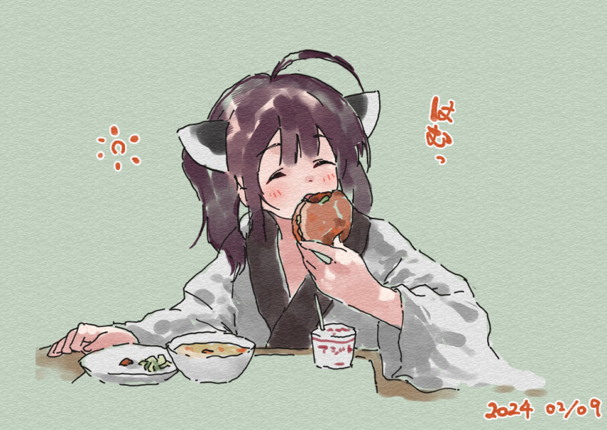 1girl ^_^ ahoge blush brown_hair closed_eyes dated facing_viewer food food_request green_background headgear holding holding_food japanese_clothes kimono lamb_(hitsujiniku) long_sleeves plate simple_background solo table touhoku_kiritan translation_request twintails voiceroid white_kimono wide_sleeves