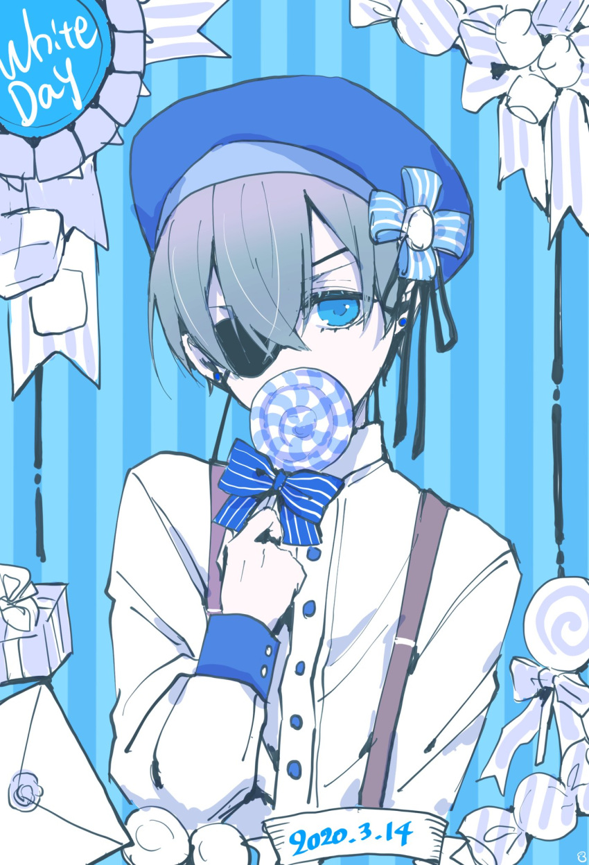 1boy 2020 bishounen black_border black_ribbon blue_bow blue_eyes blue_hair blue_headwear border bow box candy checkerboard_cookie ciel_phantomhive cookie dated earrings english_text eyepatch food gift gift_box hair_between_eyes hat hat_bow highres holding holding_candy holding_food holding_lollipop jewelry kuroshitsuji letter lollipop looking_at_viewer male_focus ribbon shirt solo striped_background striped_bow suspenders white_shirt yu_ki_koo