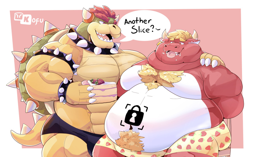 abs absurd_res anthro belly blonde_hair bovid bovine bowser boxers_(clothing) bracelet cake cattle clothing dessert dialogue duo english_text feeding food green_body hair hi_res jewelry kofu_grizzly_chubby koopa male male/male mammal mario_bros muscular necklace nintendo overweight pecs pubes red_body red_hair reptile scalie simple_background text tongue tongue_out underwear yellow_body