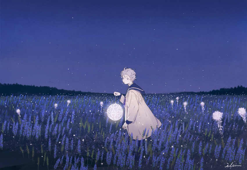 1girl blue_sailor_collar dress field flower flower_field grass grey_eyes grey_hair hand_up highres holding holding_lantern horizon illumi999 lantern lavender_(flower) light_particles long_sleeves looking_at_viewer night night_sky orb original outdoors parted_lips purple_theme sailor_collar short_hair sideways_glance signature sky solo star_(sky) white_dress