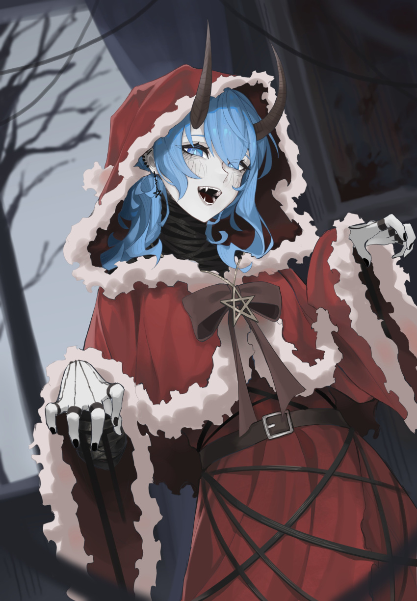 1girl absurdres belt belt_buckle black_eyeliner black_nails blood blood_splatter blue_eyes blue_hair blush buckle capelet costume demon_horns dress ear_piercing eyelashes eyeliner fang fangs fur-trimmed_capelet fur-trimmed_hood fur_trim highres hololive hood horns hoshimachi_suisei jewelry long_hair looking_at_viewer makeup mitt280204 multiple_rings nail_polish open_mouth piercing red_capelet red_dress ring santa_costume santa_dress sidelocks smile solo star_(symbol) virtual_youtuber