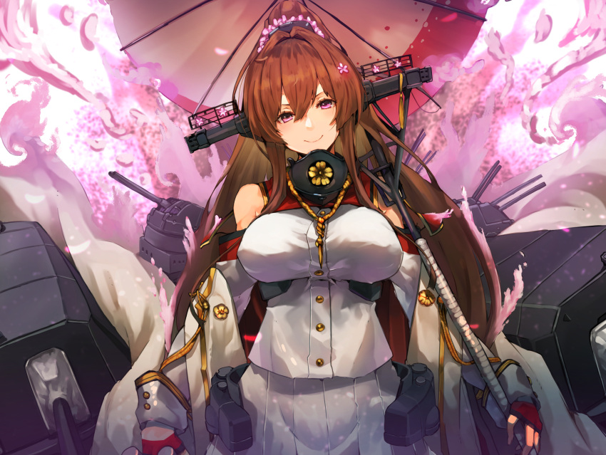 1girl bare_shoulders breasts brown_hair cherry_blossoms detached_sleeves flower hair_between_eyes hair_flower hair_ornament headgear highres kantai_collection large_breasts long_hair looking_at_viewer oil-paper_umbrella petals pink_eyes pink_flower ponytail rigging skirt smile solo sunday_aki tassel turret umbrella very_long_hair white_skirt wide_sleeves yamato_(kancolle) yamato_kai_ni_(kancolle)