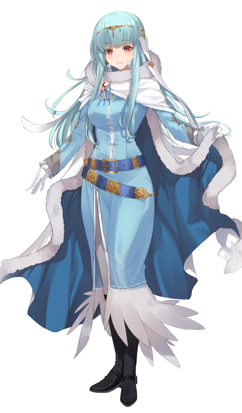 1girl absurdres aqua_hair belt black_footwear blue_cape boots cape circlet coat cosplay eliwood_(fire_emblem) eliwood_(fire_emblem)_(cosplay) english_commentary fire_emblem fire_emblem:_the_blazing_blade fire_emblem_heroes full_body fur-trimmed_cape fur_trim gloves highres holding holding_cape holding_clothes long_hair long_sleeves looking_at_viewer ninian_(fire_emblem) orange_eyes ritence simple_background smile solo standing white_background white_gloves