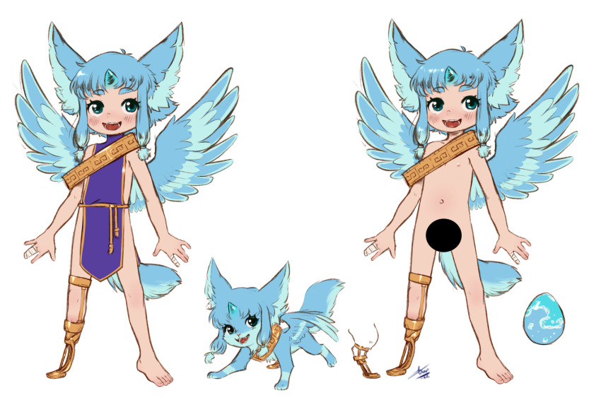 ambiguous_gender amputee animal_ears aogami bandage blue_hair censored censored_genitalia disability dog_tail egg feral hair horn humanoid missing_leg model_sheet navel nipples nude quadruped solo wings wounded young
