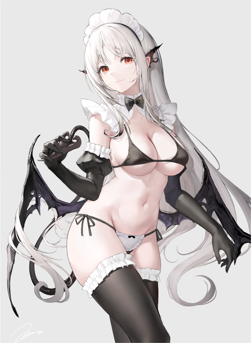 1girl bikini black_bikini black_bow black_bowtie black_gloves black_thighhighs bow bowtie breasts cleavage closed_mouth commentary_request elbow_gloves gloves grey_background grey_hair haori_io highres large_breasts long_hair looking_at_viewer low_wings maid_headdress original paid_reward_available red_eyes side-tie_bikini_bottom simple_background smile solo swimsuit thighhighs thighs underboob white_hair white_headwear wings