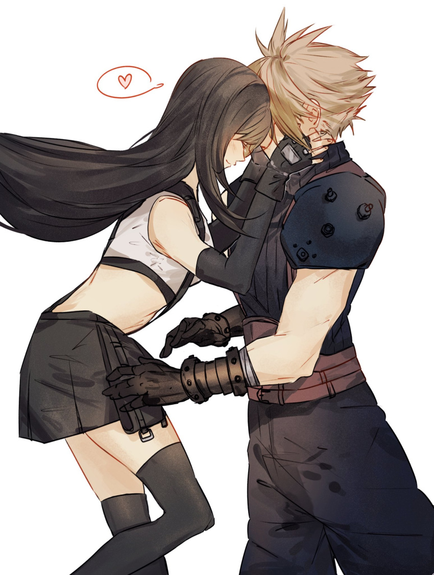1boy 1girl armor baggy_pants black_gloves black_hair black_skirt black_thighhighs blonde_hair closed_eyes closed_mouth cloud_strife couple crop_top elbow_gloves feet_out_of_frame final_fantasy final_fantasy_vii final_fantasy_vii_rebirth final_fantasy_vii_remake fingerless_gloves forehead-to-forehead from_side gloves hands_on_another's_face heads_together heart highres light_blush long_hair pants ribbed_sweater sera_(serappi) short_hair shoulder_armor simple_background skirt sleeveless sleeveless_turtleneck smile spiked_hair spoken_heart suspender_skirt suspenders sweater tank_top thighhighs tifa_lockhart turtleneck turtleneck_sweater white_tank_top zettai_ryouiki