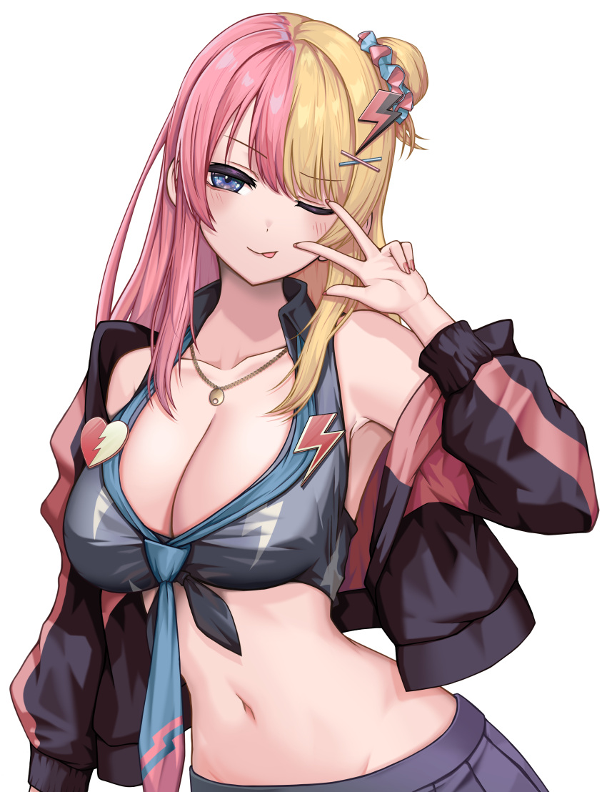 1girl :p absurdres armpits bare_shoulders black_jacket black_shirt black_skirt blonde_hair blue_eyes breasts cleavage closed_mouth collarbone collared_shirt crop_top gyaru hair_ornament hairclip hand_up heart highres jacket jewelry kotoka_torahime kushinaka large_breasts long_hair long_sleeves looking_at_viewer loose_necktie midriff multicolored_hair navel necklace necktie nijisanji nijisanji_en off_shoulder one_eye_closed one_side_up open_clothes open_jacket pink_hair pleated_skirt shirt simple_background skirt sleeveless sleeveless_shirt smile solo split-color_hair stomach tongue tongue_out two-tone_hair upper_body v virtual_youtuber white_background x_hair_ornament