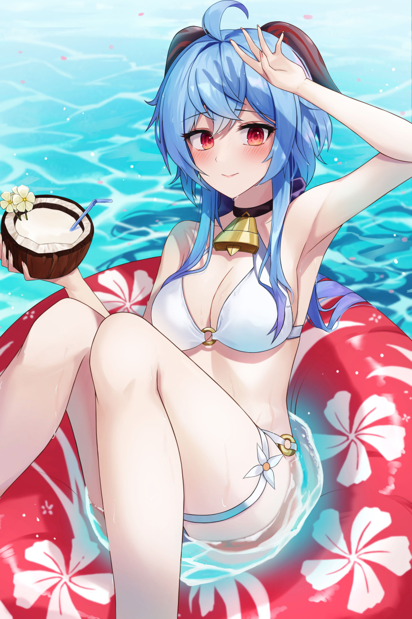 1girl absurdres ahoge alternate_costume arm_up armpits bare_arms bare_legs bare_shoulders bell bikini black_choker blue_hair blush breasts choker cleavage closed_mouth coconut_cup cowbell day drink drinking_straw feet_out_of_frame ganyu_(genshin_impact) genshin_impact goat_horns hand_on_own_head hidel highres holding holding_drink horns innertube knees_together_feet_apart knees_up looking_at_viewer medium_breasts navel neck_bell o-ring o-ring_bikini outdoors red_eyes revision sitting solo swimsuit thigh_strap thighs water wet wet_hair white_bikini