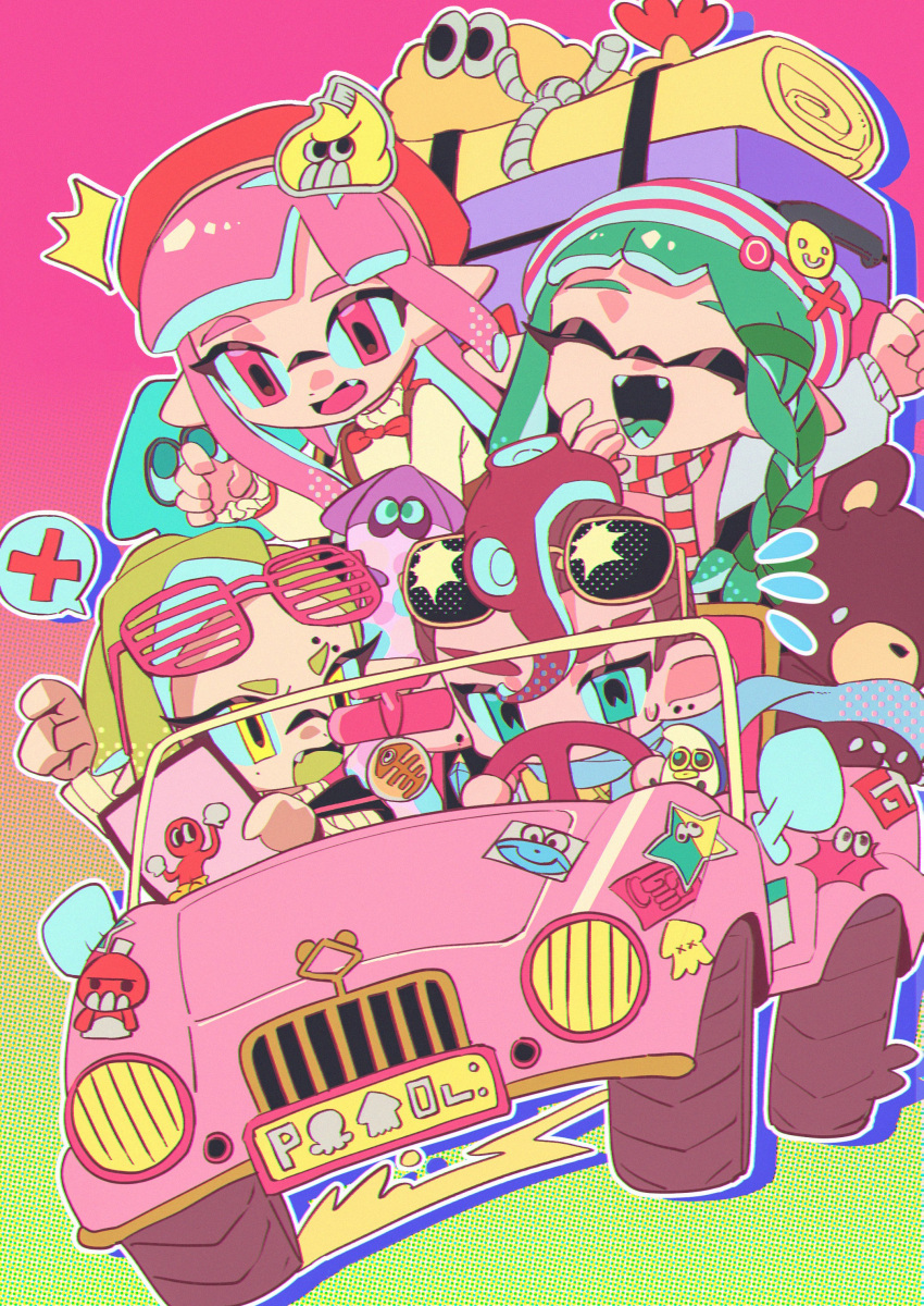 2boys 2girls absurdres arms_up bag blonde_hair braid braided_sidelock cat closed_eyes commentary_request driving ear_piercing eyewear_on_head fang golden_egg gradient_background green_background green_eyes happy highres inkling_girl inkling_player_character mohawk multiple_boys multiple_girls namazuoku octoling_boy octoling_player_character open_mouth piercing pink_background pink_eyes pink_hair red_hair red_scarf scarf single_braid smile splatoon_(series) splatoon_3 sticker stuffed_animal stuffed_toy sunglasses teddy_bear teeth two-tone_background two-tone_scarf white_scarf yellow_eyes